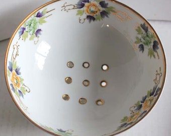 Antique Nippon Berry Bowl - Hand Painted Bowl Strainer w/ Ball Feet - Porcelain Berry Bowl Collander w/ Rose Design and Gold Gilding