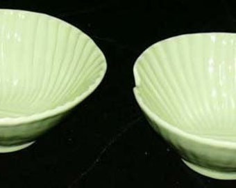 Two Vintage Olfaire Majolica Yellow Bowls - Olfaire Majolica Palissy Bowls - Mollusk Shell Yellow Green Soup Cereal Stoneware Bowls