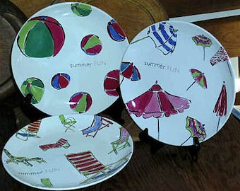 Set 3 Rosanna Summer Fun Plates - Summer Fun Beach Balls Plate - Umbrellas Plate - Beach Chairs Plate - Rosanna Summer Fun Stoneware Plates