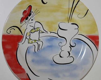 Vintage Rosanna Plate French Mademoiselle Cat Plate - Rosanna Stoneware French Cat Dessert Salad Plate - French Cat in Bikini in Fountain