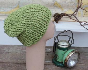 Chunky Green Organic Cotton Beanie - Knit Slouchy Hat - Hand Knit Slouchy Beanie - Chunky Knit Hat - Slouchy Hat- Seafoam Green - Unisex Hat