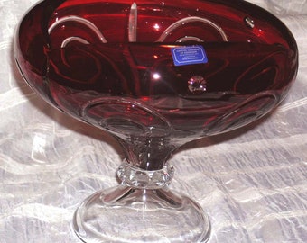 Vintage Cranberry Glass Pedestal Compote Bowl - 24% Lead Crystal Cased Cranberry Red Stemmed Bowl - Lead Crystal Cranberry Glass Centerpiece