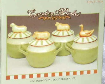 8 Pc Nikko Country Market Soup Bowls w/ Lids - Nikko Country Market Bowls w/ Farm Animal Finial Lids - Handled Stoneware Bowls & Animal Lids