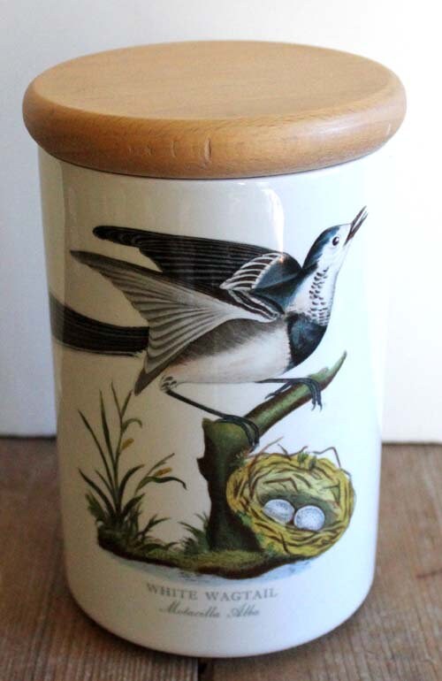 Portmeirion Canister - Birds of Britain Canister - White Wagtail by E. Donovan - Portemirion Stoneware Birds Britian Canister - Made England