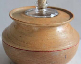 Treenware Round Wood Container with Glass Lamplight Oil Bottle Insert - 3 Pc Mid Century Wood Treenware Holder & Small Glass Oil Bottle Set
