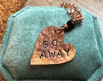 Go away heart necklace, Candy heart necklace, Valentine’s Day heart, Stamped copper heart