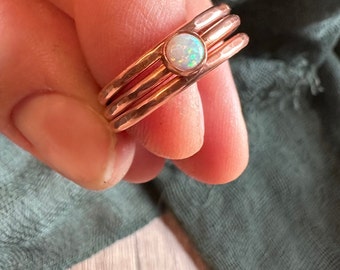 White opal stacking ring set, Copper stacker rings, Stacking bands, Set of 3