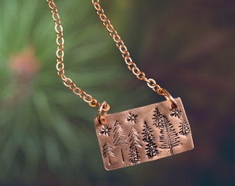 Stamped tree forest necklace, Copper bar necklace