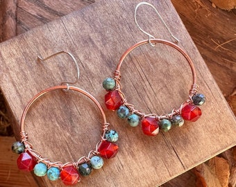 Carnelian and African turquoise copper hoops; Boho orange teal hoops