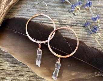 Hammered copper hoops with aura quartz crystal