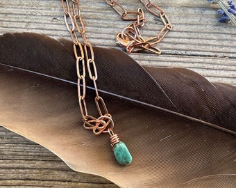 Copper paperclip chain necklace with turquoise accent