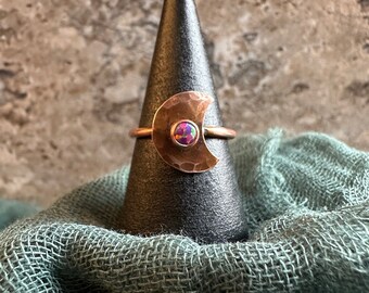 Opal moon copper ring, Purple opal, Little crescent moon ring