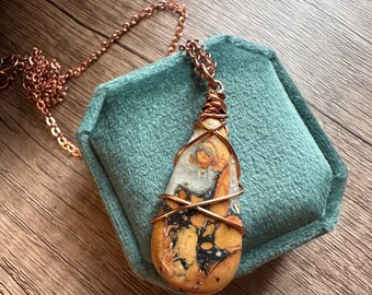 Maligano jasper pendant, Copper wire wrapped maligano jasper necklace