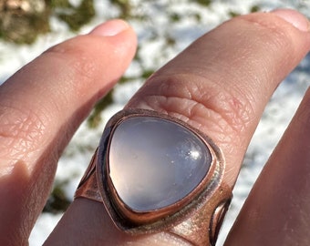 Lavender chalcedony ring; Stamped moon ring; Thick band copper ring; Snow Moon Collection