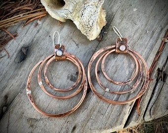 Triple moonstone hoops; Rustic copper hoop earrings; Big hoops; Snow Moon Collection