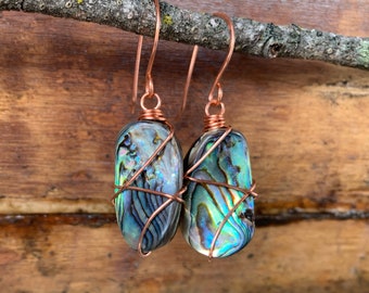 Abalone shell wire wrapped earrings; Beachy boho jewelry; Minimal wire earrings; Shell dangles