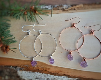 Amethyst chunk hoop earrings; Large gemstone hoop earrings; Sterling silver hoops; Boho crystal hoops; Minimalist style hoop earrings