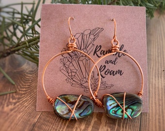 Abalone shell hoop earrings; Boho copper hoops; Beachy earring style; Abalone earrings; Minimal style hoops;