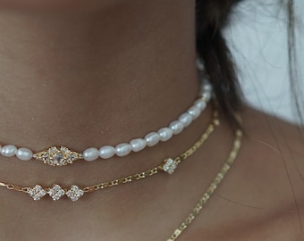 Freshwater Pearl Choker Necklace, Dainty Gold Filled Chain