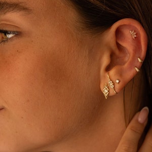 Bridal Lobe Cuff Earrings , 14 karat solid gold Lobe Piercings,  Ear Cuff, Gold Ear Climber, zircons Lobe Cuff