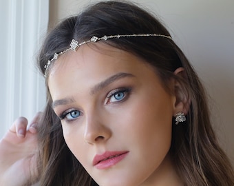 Boho Bridal Headband, wedding hair accessories, bride Headband, Boho Head Piece, gold rhinestone forehead , brides headpiece