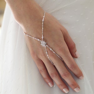 Silver Bridal Slave Bracelet – Boho Hand Chain Ring Bracelet – Vintage Wedding Jewelry – Crystal Handpiece – Gold or Silver Finish