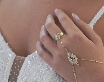 Gold Crystal Finger Bracelet, CZ Hand Chain, Bridal Jewelry