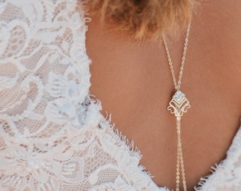 Bridal Backdrop Necklace, Dainty Gold Crystal Back Chain