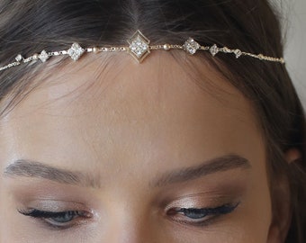 Boho Bridal Headband, wedding hair accessories, bride Headband, Boho Head Piece, gold rhinestone forehead , brides headpiece