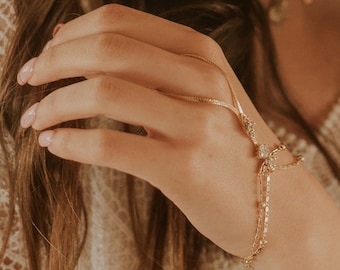 Bridal Crystal Ring Bracelet, 18K Gold Plated Hand Chain, Boho Jewelry