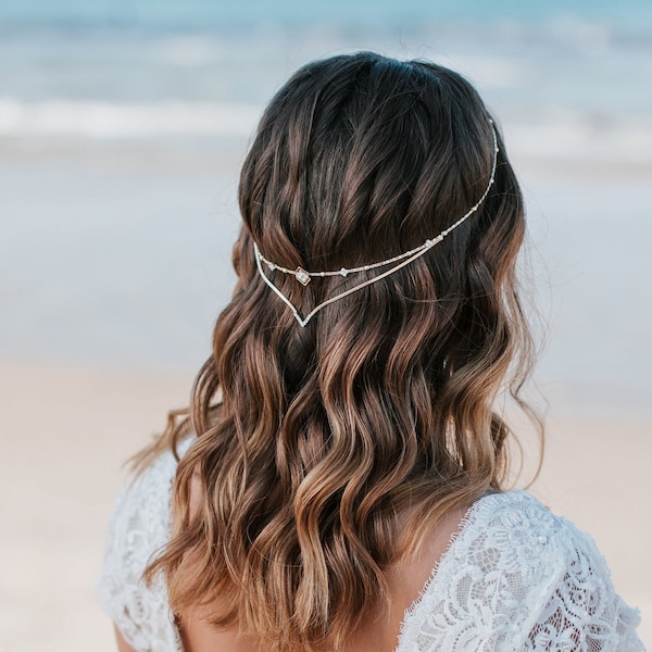 Boho Kopfschmuck, Braut Haarkette, Hochzeit Stirnband