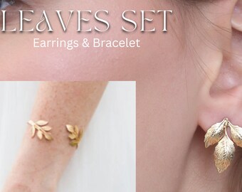 Leaf Jewelry Set – Gold Plated Bracelet & Earrings, Bridesmaid Gift
