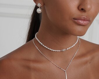 Luxury Bridal jewelry set- choker necklace , lariat necklace and bridal pearl earrings , Wedding necklace Bridal pearls set for brides