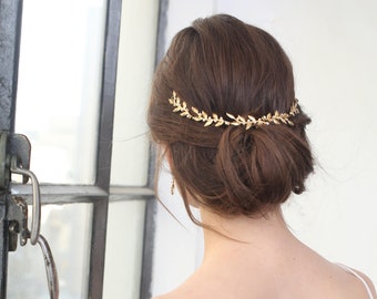 Tiara de hoja de oro, diadema nupcial boho, accesorios para el cabello de boda, diadema de novia, pieza de cabeza boho, frente de diamantes de imitación de oro, tocado de novias