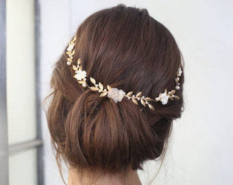 Elegant Gold Leaf Wedding Headpiece, Floral Crystal Bridal Head Crowns