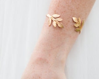 Gold bracelet, leaf Cuff bracelet , Bridal bracelet, Wedding bracelet
