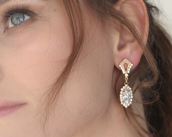Vintage Bridal Earrings, Swarovski Crystal Dangle, Gold Wedding Jewelry