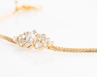 Thin Dainty Gold Swarovski Crystal Bracelet, Vintage Inspired Wedding Bangle