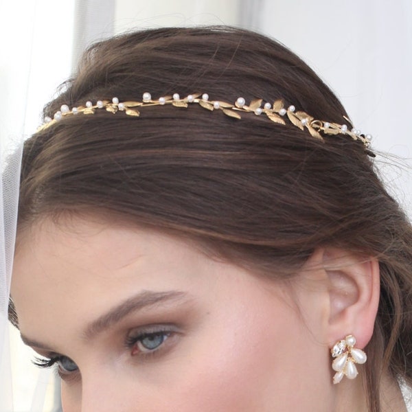 Gold Leaf Wedding Hair Vine Headpiece, Pearl Petal Bridal Hairpiece Accessories, Adjustable Floral Headband, Flower Goddess Wedding Crown