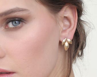 Gold Leaf Stud Earrings, 18 Karat Gold Plated