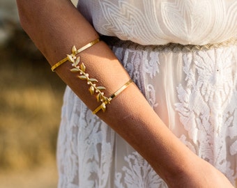Arm Cuff Bracelet, Wrist Cuff, Gold Leaves Jewelry