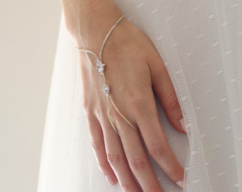 CZ Crystal Gold Hand Chain Bracelet, Boho Ring Bracelet
