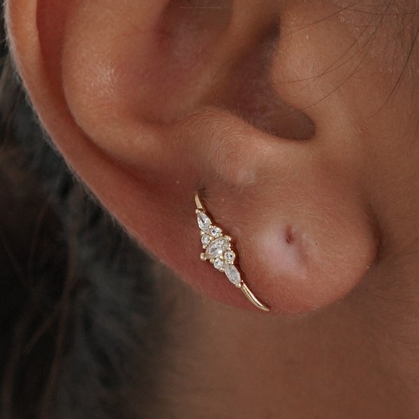 Gold CZ Ear Climber, Sterling Silver Stud Lobe Cuff