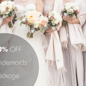 May include: A group of bridesmaids wearing white dresses and shawls, holding bouquets of white and peach flowers. The text "70% OFF Bridesmaids Package" is displayed on a gray circle.