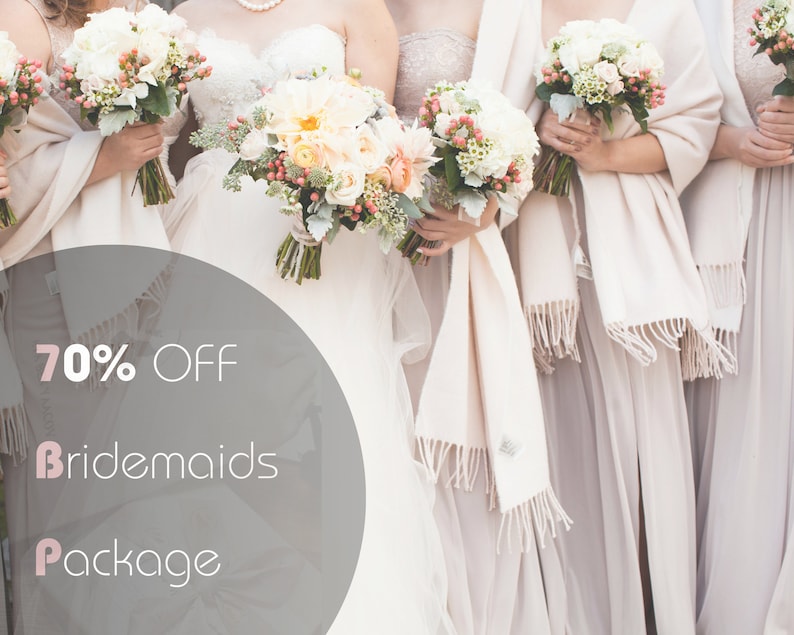 May include: A group of bridesmaids wearing white dresses and shawls, holding bouquets of white and peach flowers. The text "70% OFF Bridesmaids Package" is displayed on a gray circle.