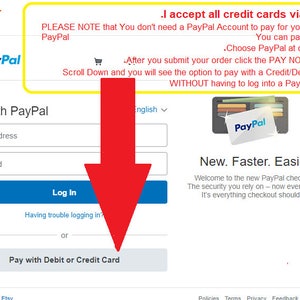 May include: Etsy checkout page with a blue button that says "Log In" and a gray button that says "Pay with Debit or Credit Card". The page also includes a PayPal logo and text that says "I accept all credit cards via PayPal. PLEASE NOTE that You don't need a PayPal Account to pay for your items via PayPal. You can pay by simply .Choose PayPal at checkout - After you submit your order click the PAY NOW button - Scroll Down and you will see the option to pay with a Credit/Debit Card - WITHOUT having to log into a PayPal account."