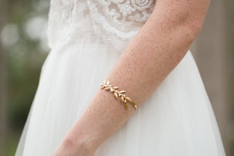 Gold Leaf bracelet, Leaf cuff bracelet , Bridal bracelet, Wedding bracelet image 1