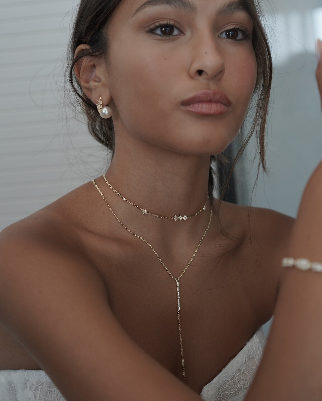 Set of 2 Necklaces Choker Necklace and Y Dainty Necklace, Bridal