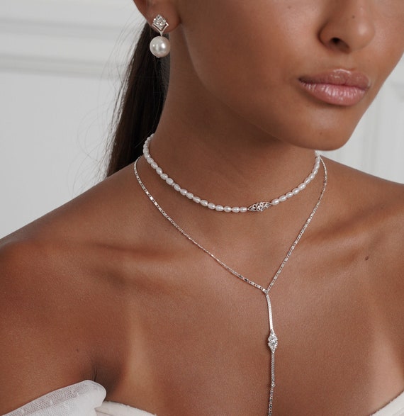 Luxury Bridal jewelry set- choker necklace , lariat necklace and bridal pearl earrings , Wedding necklace Bridal pearls set for brides