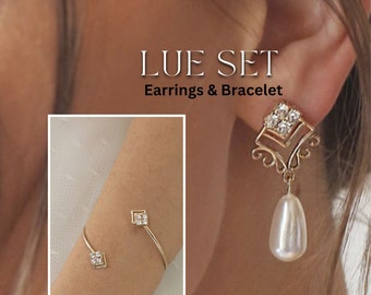 Bridal Jewelry Set – Pearl Drop Earrings & Adjustable Bracelet – Wedding Jewelry for Bride – Gold Rose Gold Silver – Elegant Bridal Gift